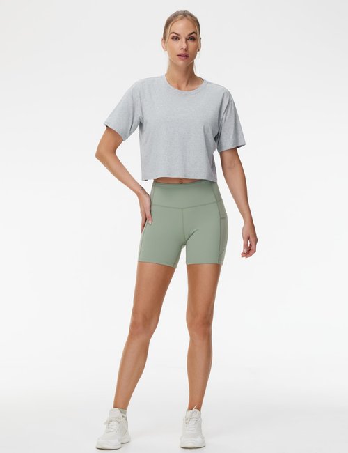 THE GYM PEOPLE Women's Workout Crop Top T-Shirt Short Sleeve Boxy Yoga Running Cropped Basic Tee Heather Grey