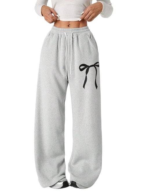 Verdusa Women's Coquette Bow Baggy Sweatpants Fitness Clothing Wide Leg Pants with Pockets Grey Small