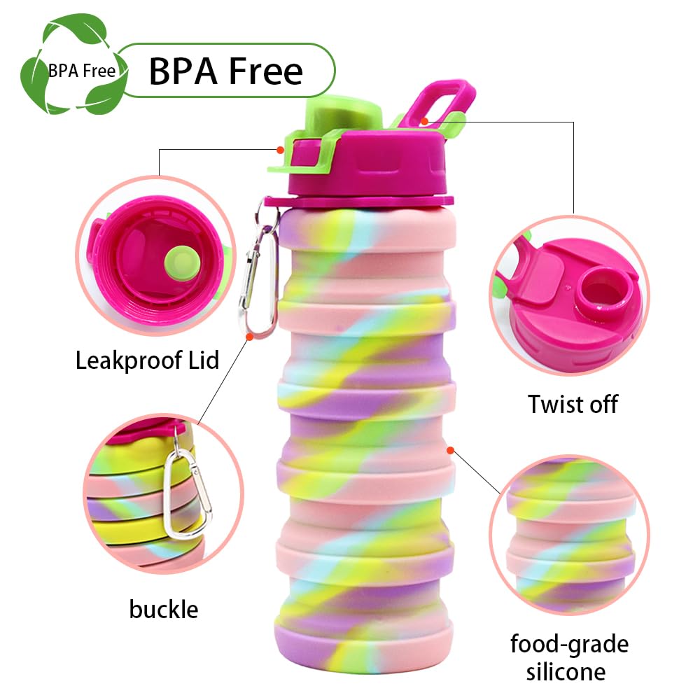 WATMHHJQ Silicone Collapsible Water Bottles, 16oz 500ml Portable Foldable Expandable Water Bottle Sports Cups, Leak Proof Reusable BPA Free, for Outdoor Activities Travel(Pink-B)