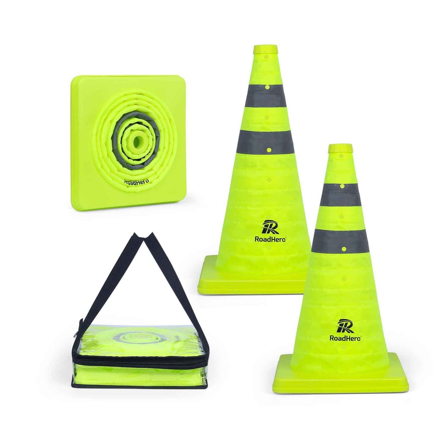 RoadHero 18 Inch 2 Pack Collapsible Traffic Safety Cones, Lime Green Pop-up Cones with Reflective Collar for Road Safety, Driving Training, Parking Lots