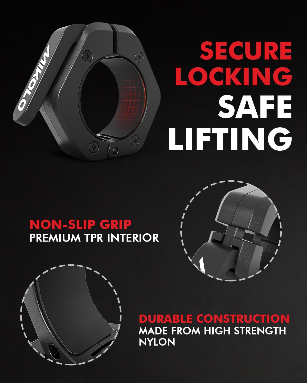 Mikolo Barbell Clamps,2-Inch Olympic Barbell Clips with Anti-Slip TPR Lining and Quick Release for Home and Gym Use(Magnetic Black)