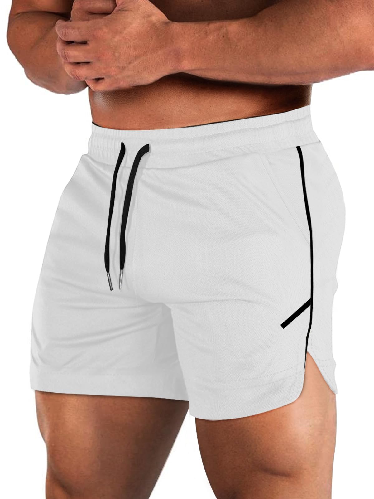 Aolesy Mens Workout Shorts with Zipper Pocket 5 Inch Lightweight Gym Running Shorts Linerless Bodybuilding Training Athletic Shorts White