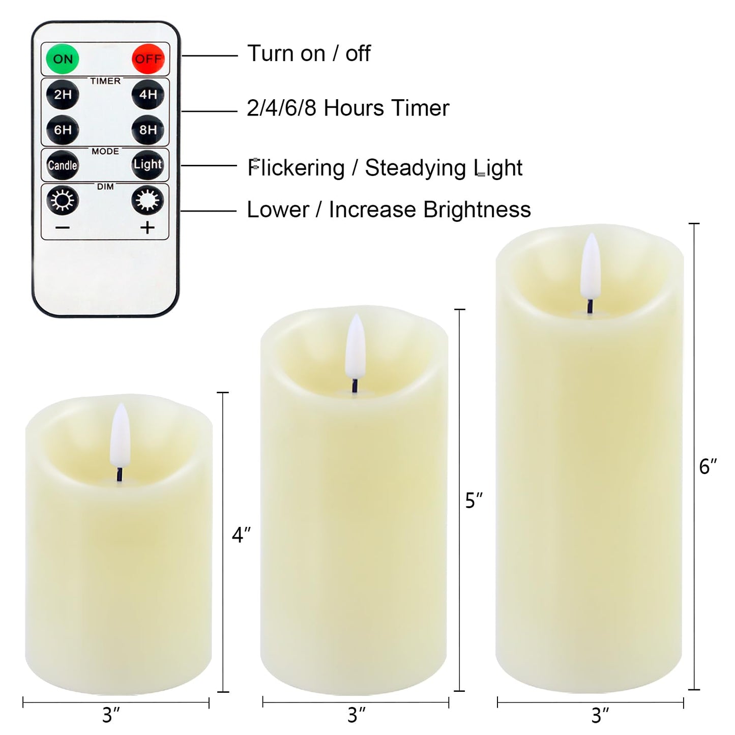 Warmhere Flickering Flameless LED Candles, Realistic Fake Candles Battery Operated with Remote and Timer, Ivory Real Wax Pillar Candle for Home Wedding Party Decorations, Set of 3, Φ 3" H 4" 5" 6"