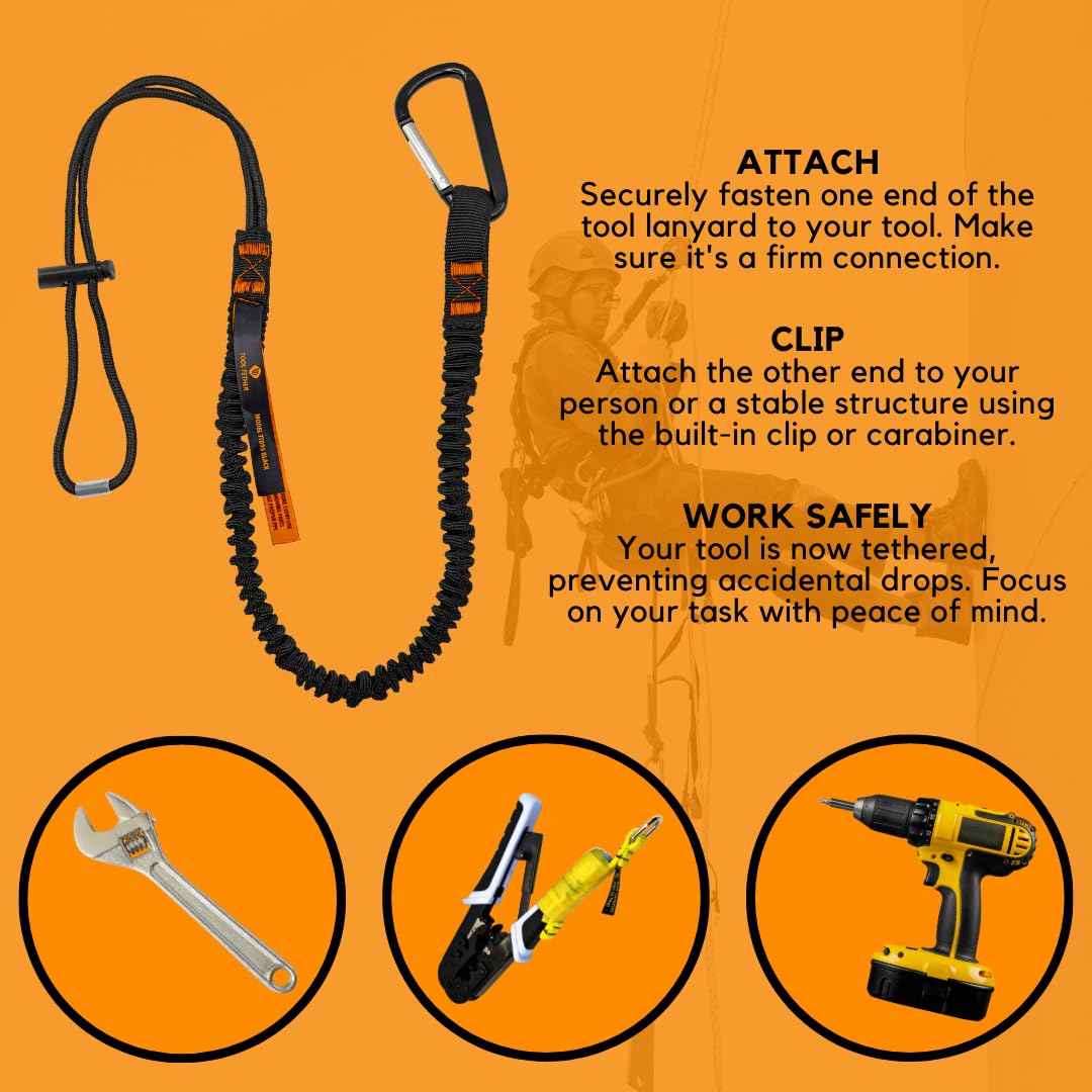 Tool Lanyard with Spring Locking Aluminum Carabiner & Adjustable Loop End, 153 cm Working Length, Max Load 9KG - Tool Safety for Scaffolding & Working at Height - 3 Pack