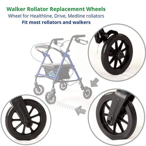 HEALTHLINE Health Line Products Walker Rollator Replacement 6" Wheels 9 Spoke Black (Front 2)