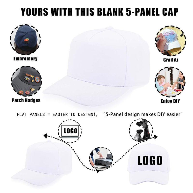 ZH 12 PC 5 Panel Baseball caps, Bulk Baseball caps, Customizable DIY Design, Wholesale Caps, One-Size-Fits-All White