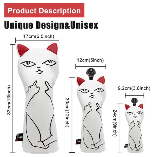 Golf Club Headcover Cute Cat Embroidery Driver Cover 3 Wood Headcover Hybird Head Covers Leather Hand-Made Wood Head Cover for Golf Club Wood Head Covers