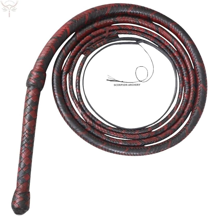 10ft Cowhide Leather Bullwhip with Rope Core, Black & Red, Equestrian & Performance