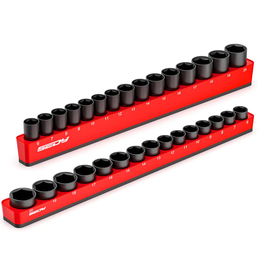2-Piece 3/8"-Drive Metric Magnetic Socket Organizer Set (Holds 30 Sockets) - Detachable Tool Tray with 5mm Magnetic Base, Screw-Fixed Design & Heavy-Duty Modular Storage for Garage/Home Workshop
