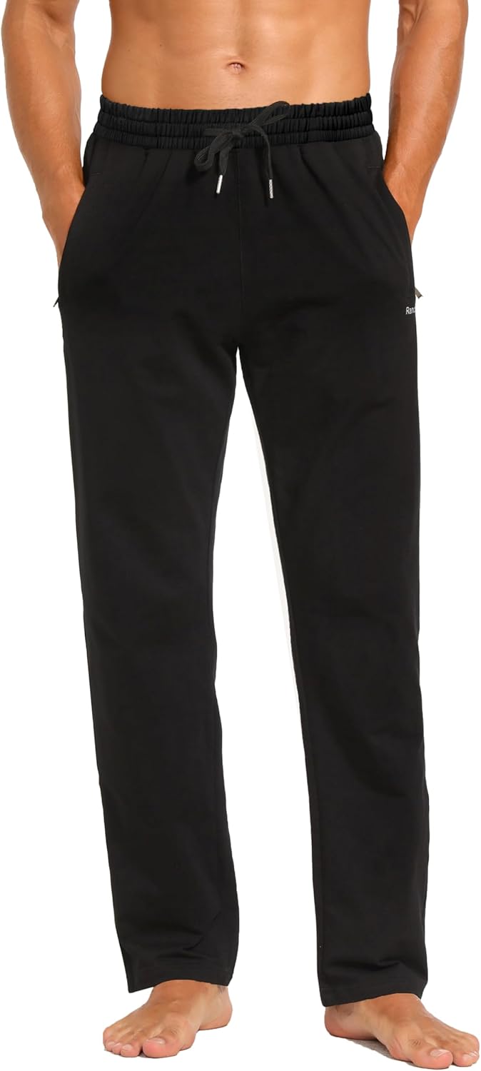 Skiennix Men's Cotton Yoga Pants - Casual Jersey Design with Zipper Pockets | Open Bottom Straight Leg