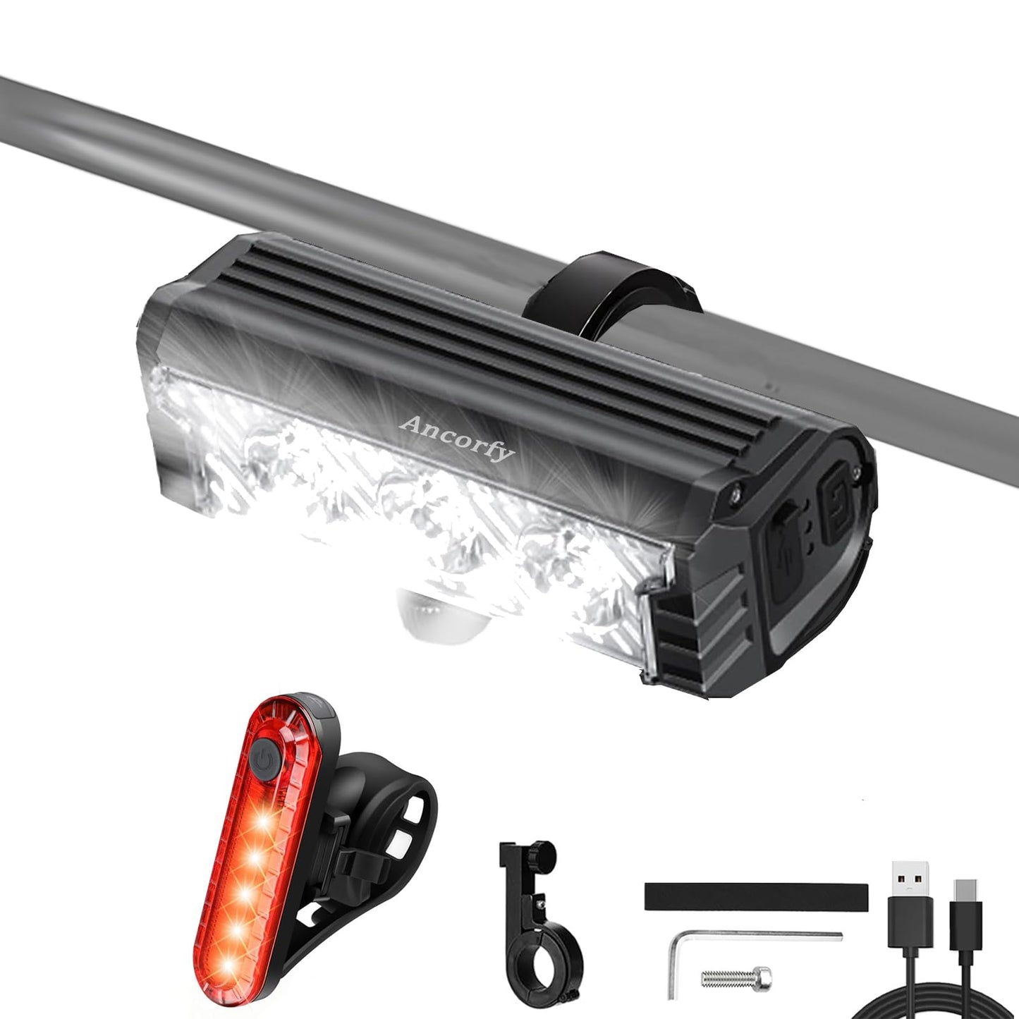 Ancorfy 3 LED 1000 Lumen Super Bright Bike Lights for Night Riding, 5 Modes Bicycle Headlight, Rechargeable and Waterproof Bike Headlight and Tail Light Set for MTB Off-Road Cycling Commuting