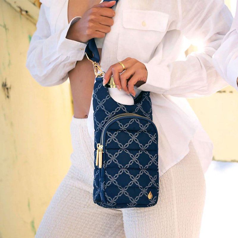 WanderFull® Original HydroBag®, Fits Up to 32 oz Water Bottle Holder with Strap, Gift for Women, Hands-Free Crossbody, Water Bottle Carrier Bag with Phone Pocket - Navy Knot Print