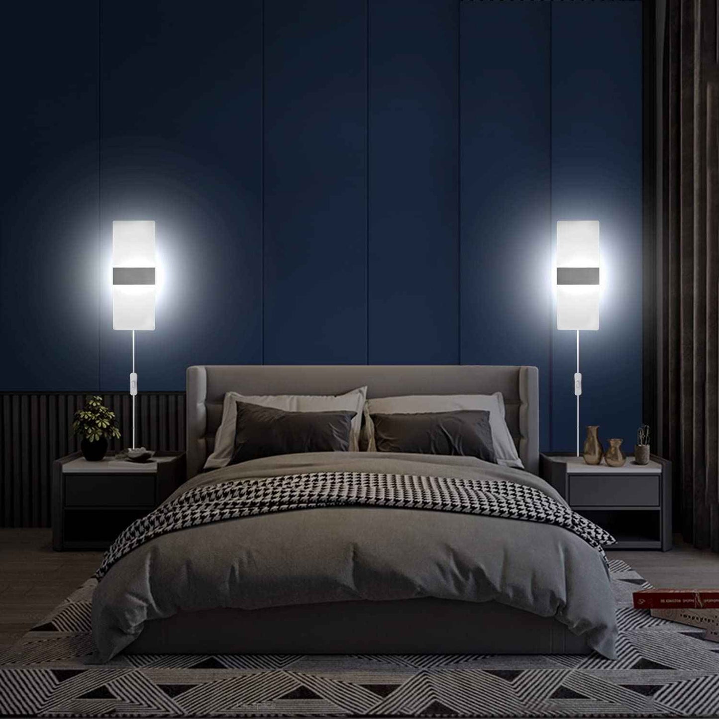 KICAAO Wall Sconces, Modern Wall Sconce Plug in 10W 6000K Cool White Acrylic Wall Lights with 6FT/180cm Plug in Cord and On/Off Switch on The Cord (1 Pack)