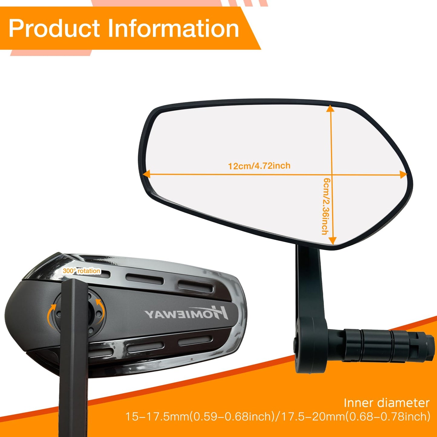 Homieway Bike Mirror for Handlebar, Bar End Bicycle Mirror, Anti-glare HD Glass Lens 360° Adjustable Rear View Mirror for E-bike, Mountain Bike, City Bikes & Scooter (Left 0.59-0.78")