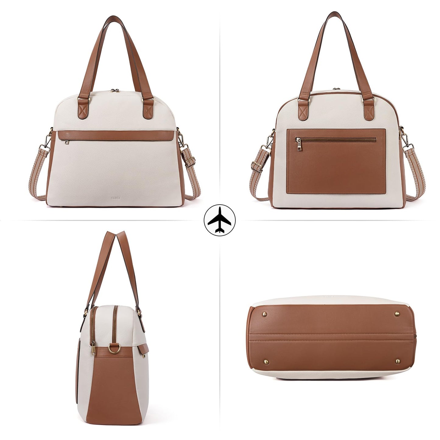 CLUCI Weekender Bag for Women Leather Large Overnight Travel Duffel Bag with Shoe Compartment Beige with Brown