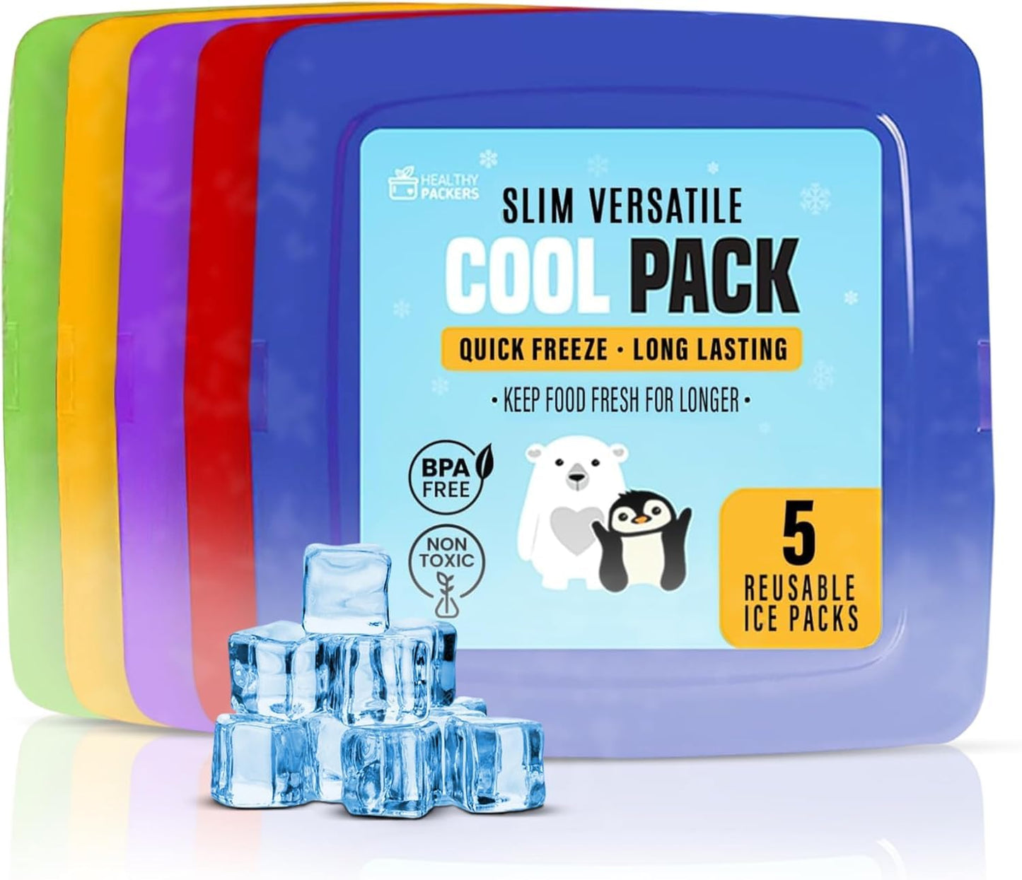 Healthy Packers® Reusable Ice Packs for Lunch Boxes Kids and Adults | Long‑Lasting Thin Freezer Packs for Coolers, Bento Boxes, Lunch Bags, Travel, School Meals, and Meal Prep (5-Pack | Square)