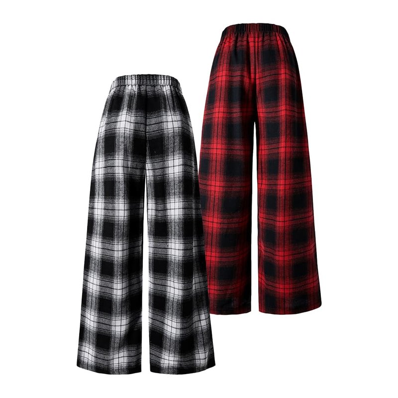 Nivne Tco 2pcs Tween Girls Pants Set Fashion Check Pattern Baggy Elastic Waist Wide Leg Plaid Sweatpants (US, Age, 12 Years, Black+Red)