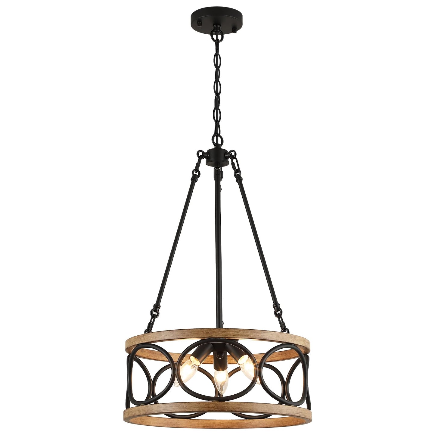 3WWWUEE 16‘’ Chandelier Farmhouse Style Black and Wood Hanging Light Fixture 3-Light Pendant Lighting with 47'' Height Adjustable Chain Dining Room, Living Room, Kitchen Island E12 Base - AJ9016P3WDBK