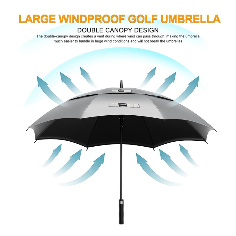 Fulynmen 68/62/54 Inch UPF50+ Sun Umbrella UV Protection UV Umbrellas for Sun Protections Windproof Large Golf Umbrella Auto Open and Vented Double Canopy Umbrellas for Rain (Silver/Black, 62 Inches)