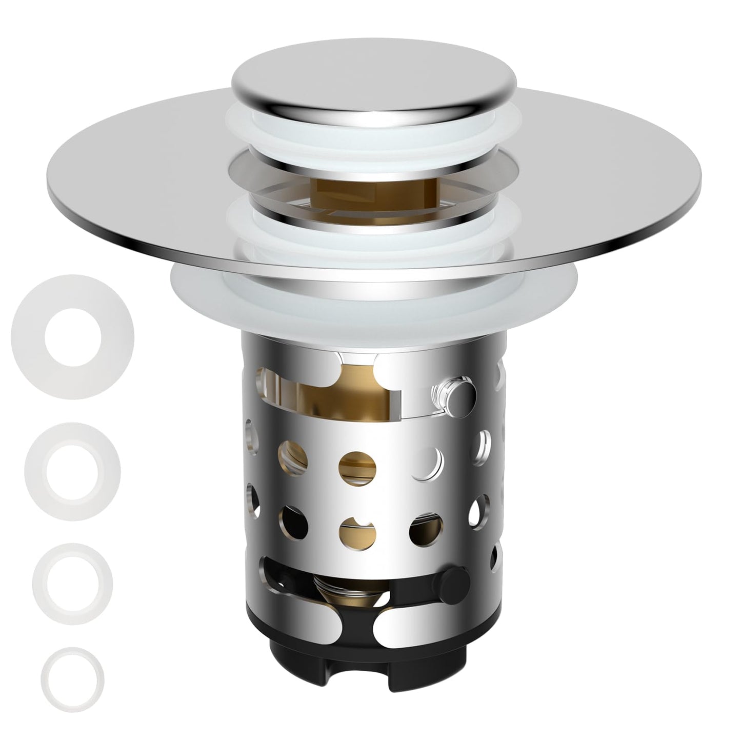 Universal Bathroom Sink Stopper Hair Catcher Upgraded with 2-Layer Detachable Filter Basket – 4 in 1 Pop Up Sink Drain Strainer, Anti-Clog, Odor-Block, Universal Fit for 1.1''~2.36'' Sinks, Chrome