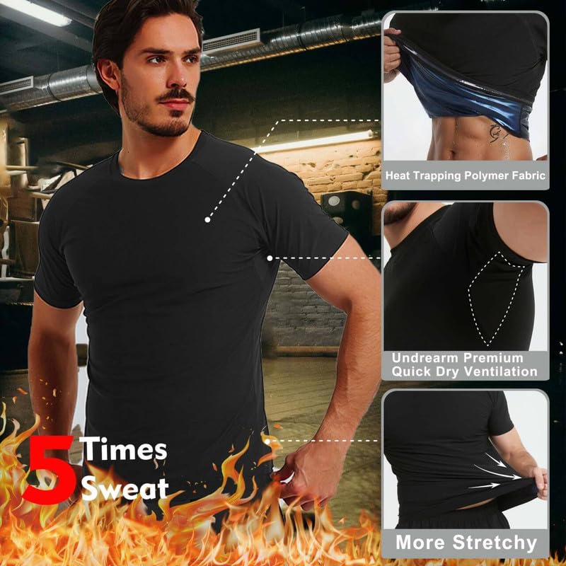 Men's Sauna Shirt - Short Sleeve Compression Workout T-Shirt - Black, Large