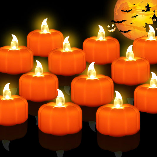 Pumpkin Tea Lights Decorations Fall Decor, 24 Pack LED Orange Pumpkin Lights Flameless Candles Battery Operated, Halloween Thanksgiving Flickering Tealight Candle for Home Table Indoor Party
