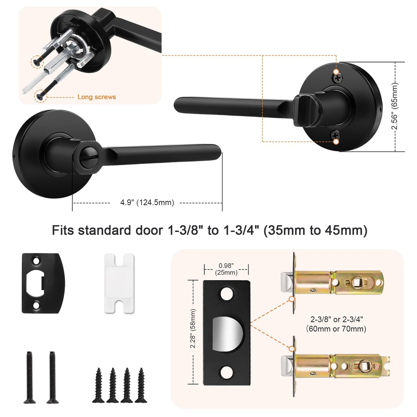 Probrico Privacy Door Handles for Bedroom and Bathroom Black Interior Door Handles, Keyless Privacy Door Lever Reversible, 6 Pack