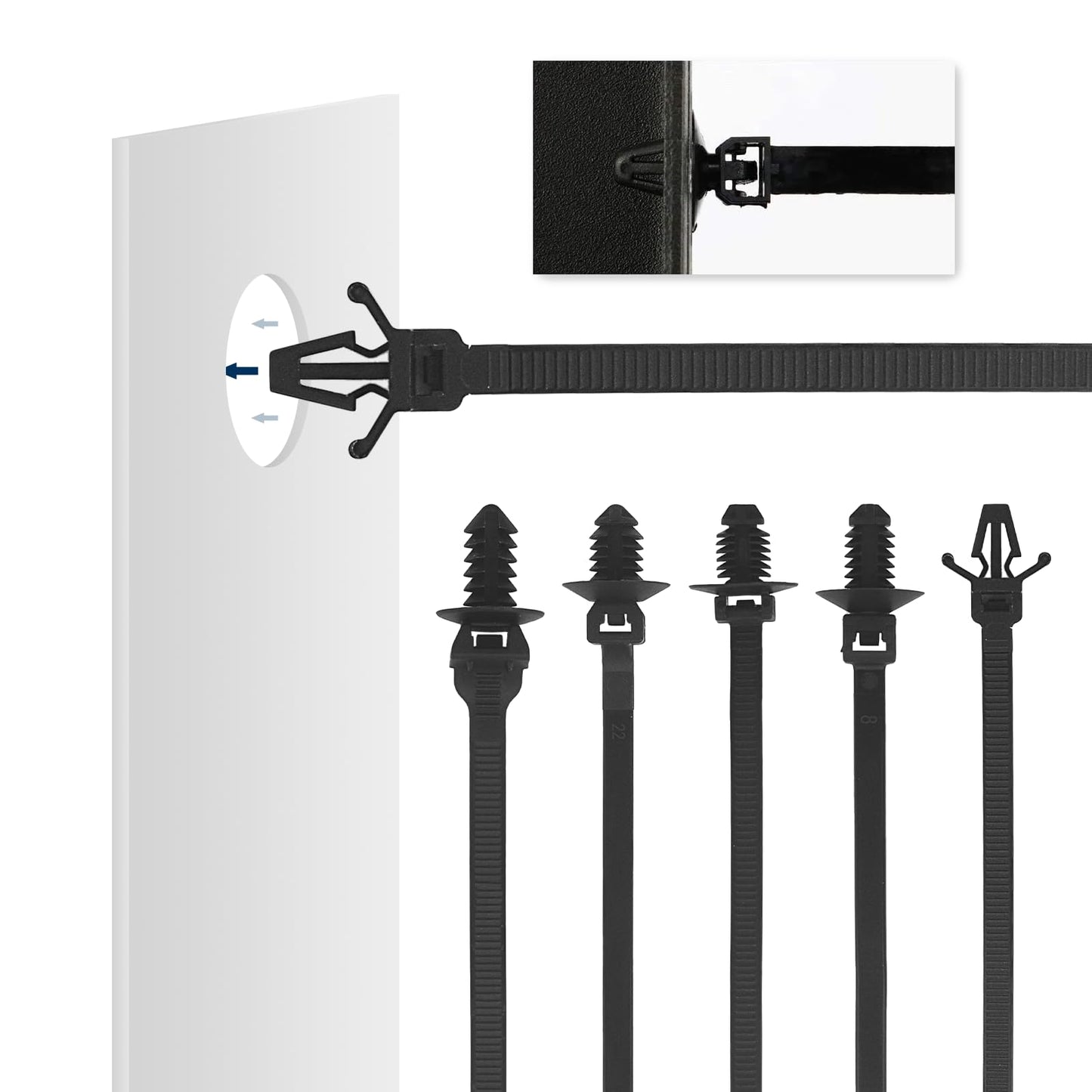 LOUZAGO 50 Pcs Push Mount Cable Ties, Nylon Push Mount Zip Ties Self Locking Wire Harness Clips, Heavy Duty Automotive Wire Clips Snap in Cable Zip Ties Fastener Car Mount Wire Ties (5-Types)