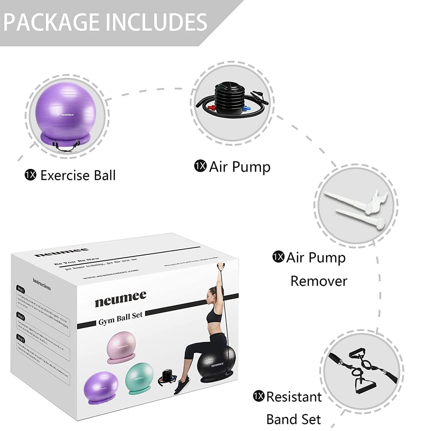 NEUMEE Yoga Ball Chair with 65cm Exercise Ball & 2 Resistance Bands, Stability Base for Home Office, Yoga, Pilates & Fitness, Balance Ball for Posture, Core Strength & Low Impact Workouts (Purple)