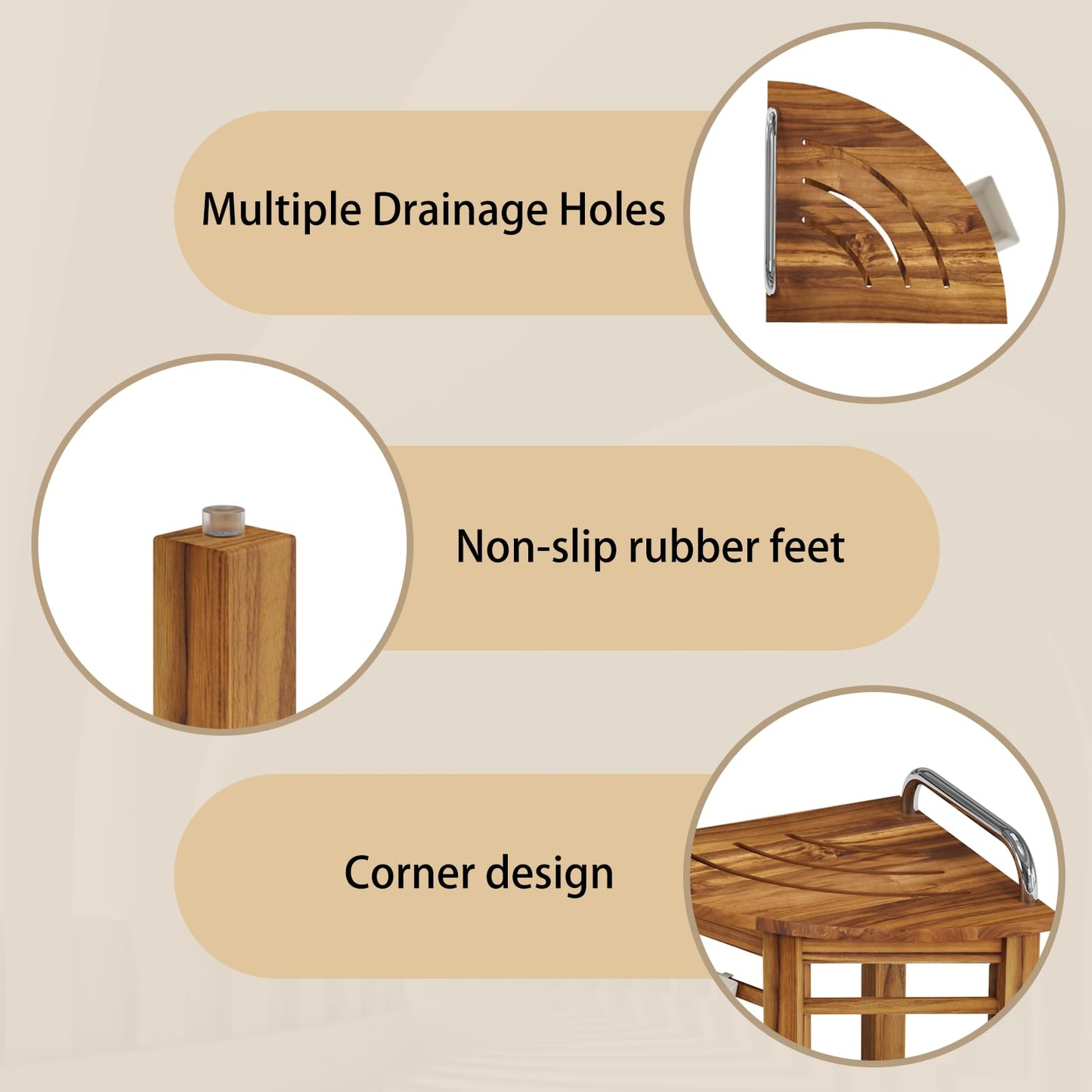 Kiasthome Teak Corner Shower Bench, Waterproof Bathroom Teak Shower Bench, Sturdy Non-Slip Bath Shower Foot Stool for Shaving Legs with Storage Baskets and Shelves