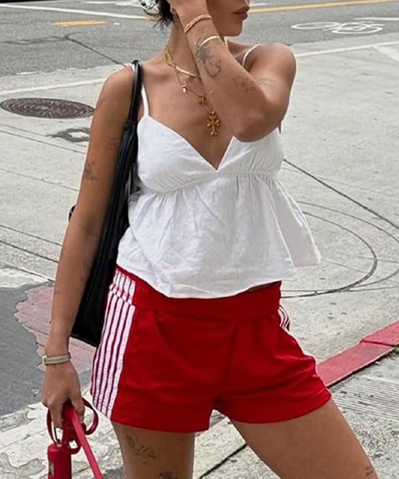 ABINGOO Women Athletic Sweat Shorts Side-Striped Y2k Summer Elastic Waist Workout Loose Wide Leg Lounge Shorts with Pockets(Red,M)