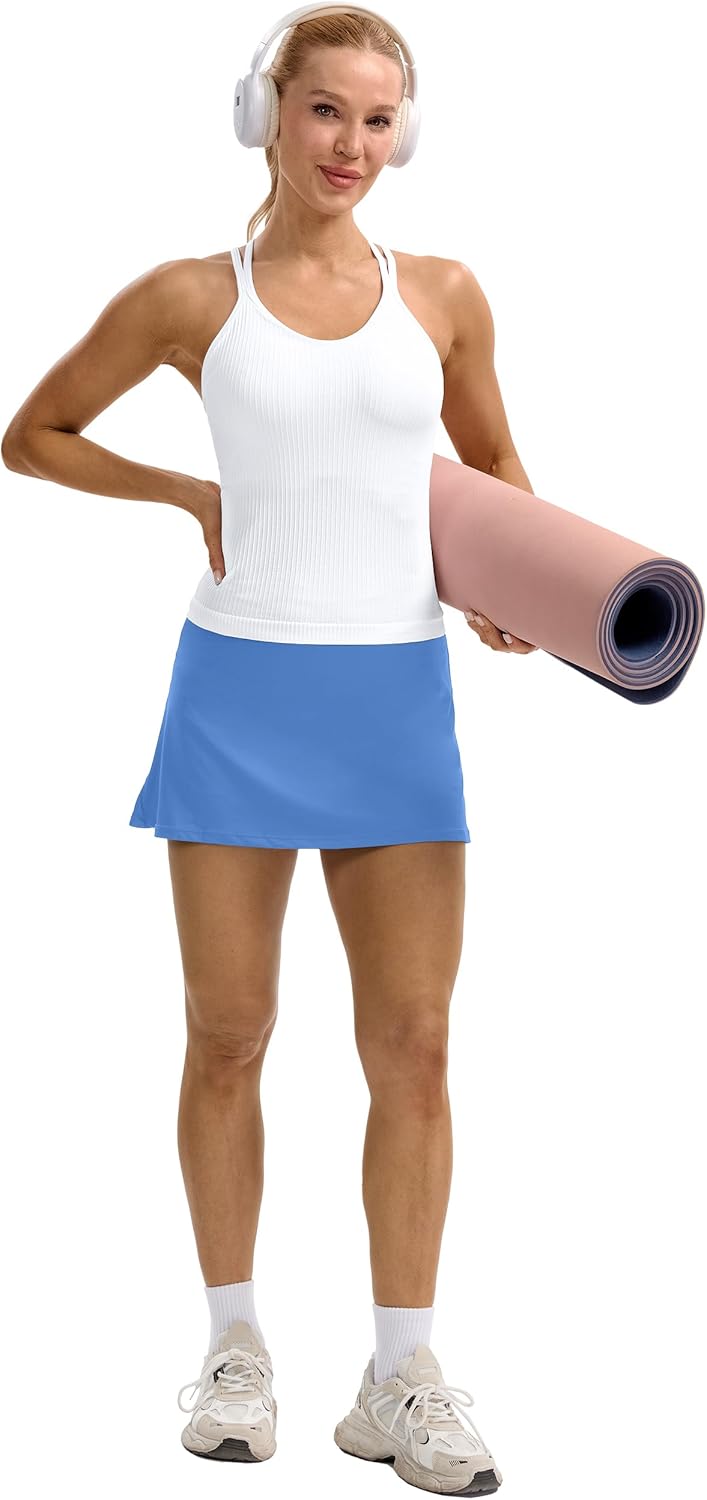 Skiennix Seamless Ribbed Workout Tank - Built-In Bra, V-Neck Crisscross Back Yoga Top for Women