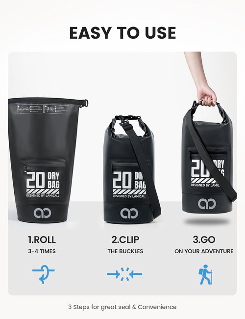 Lamicall Waterproof Dry Bag - 10L Floating Roll Top Backpack with Phone Pouch - Black