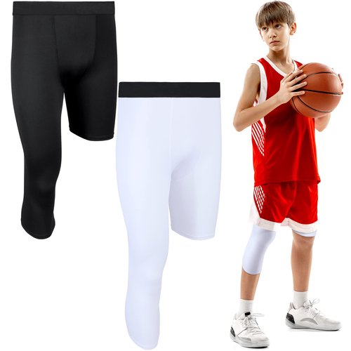 Hercicy 2 Packs Boys' Youth 3/4 One Leg Compression Tights Basketball Leg Sleeve Leggings Pants Athletic Base Layer