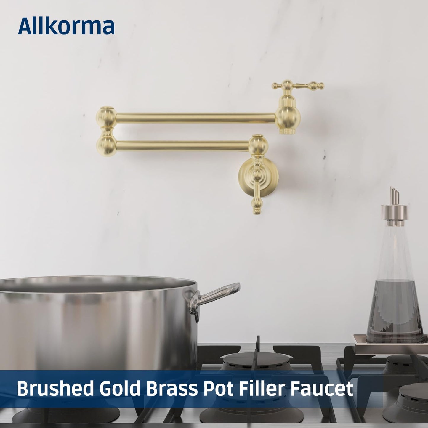 Allkorma 23" Brass Pot Filler Faucet Brushed Gold, Wall Mount Over Stove Water Faucet, Antique 2 Handles Folding Stretchable Pot Filler