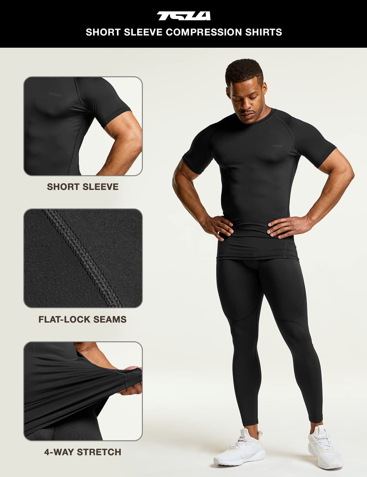 TSLA Men's UPF 50+ Quick Dry Short Sleeve Compression Shirts, Athletic Workout Shirt, Water Sports Rash Guard, 3packs Black, Medium