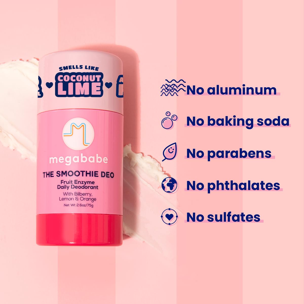 Megababe Daily Deodorant - Smoothie Deo with 72-Hour Odor Protection | Coconut & Fruit Enzymes | 2.6 oz