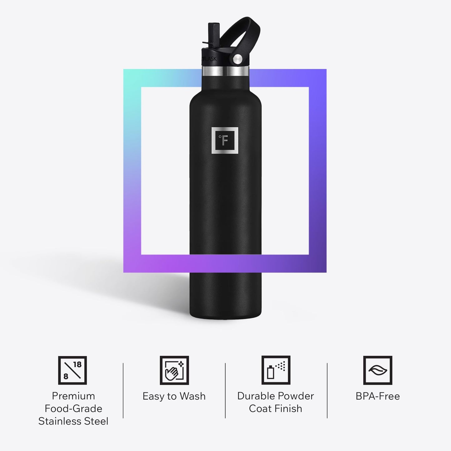 IRON °FLASK Camping & Hiking Hydration Flask with Straw, Narrow Mouth Insulated Stainless Steel Sports Water Bottle - Cobalt 24 oz - Straw (1 Lid)