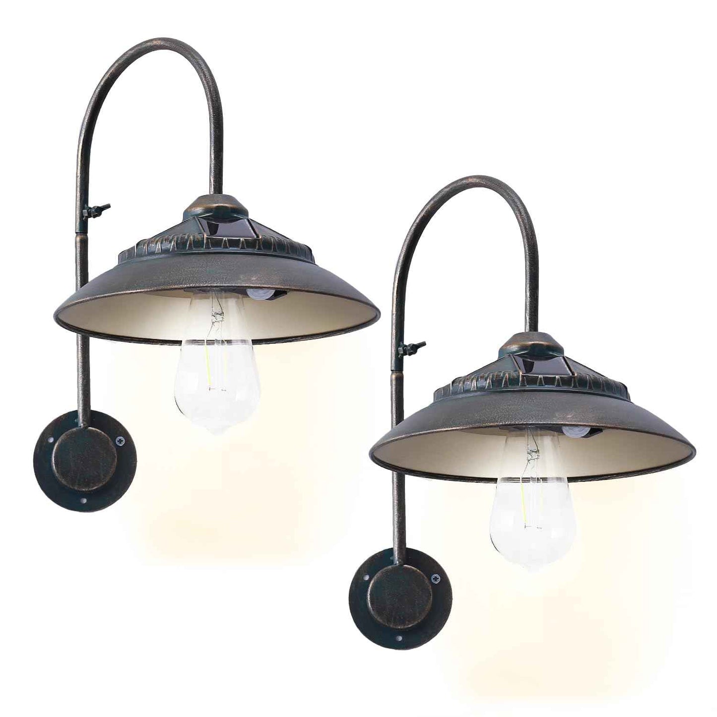 Goodeco Solar Barn Lights with Motion Sensor - Metal Design Outdoor Wall Lights - 4 High Efficiency Solar Panels with Clear Glass LED Edison Bulbs, Chicken Coop Lights & More (Bronze 2P)