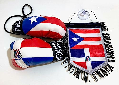 Dominican & Puerto Rico Flag Car Decoration Set with Mini Boxing Gloves