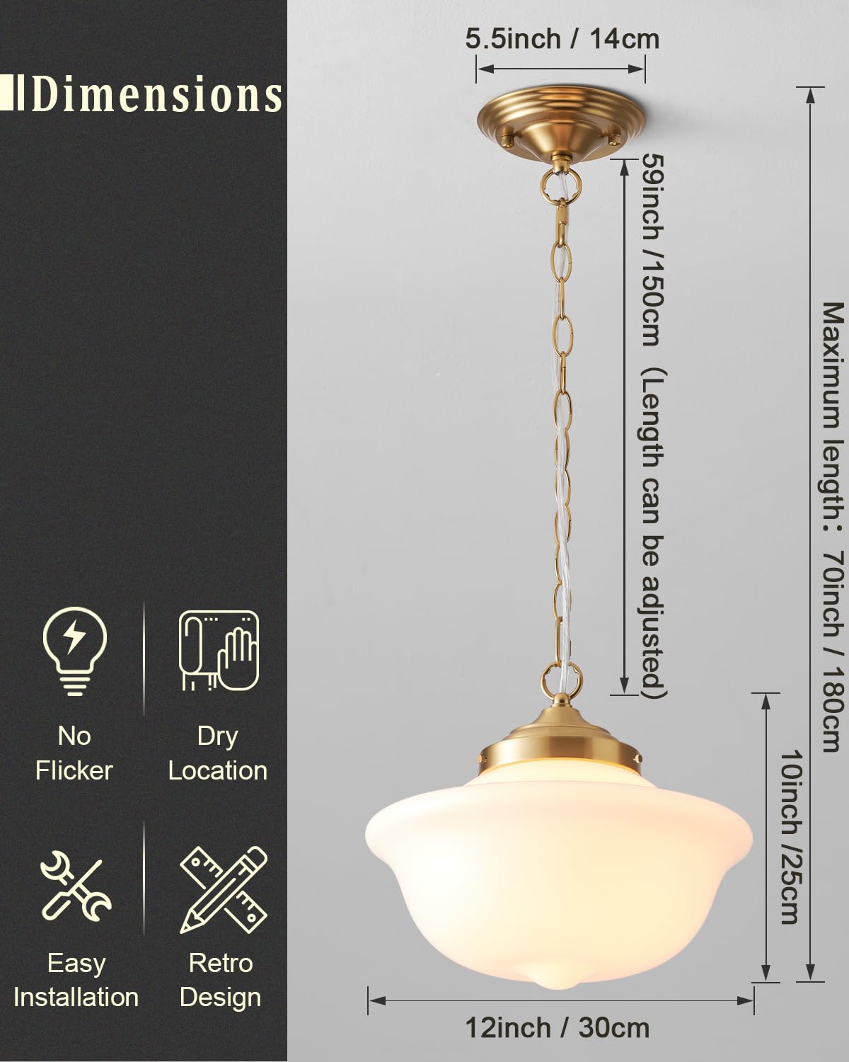 BinoBro Schoolhouse Light Fixture, 12 Inch Black Finish with Milk Glass Semi Flush Mount Ceiling Light, Ceiling Light Fixture for Kitchen Hallway Entryway (Type C Pendant Light)