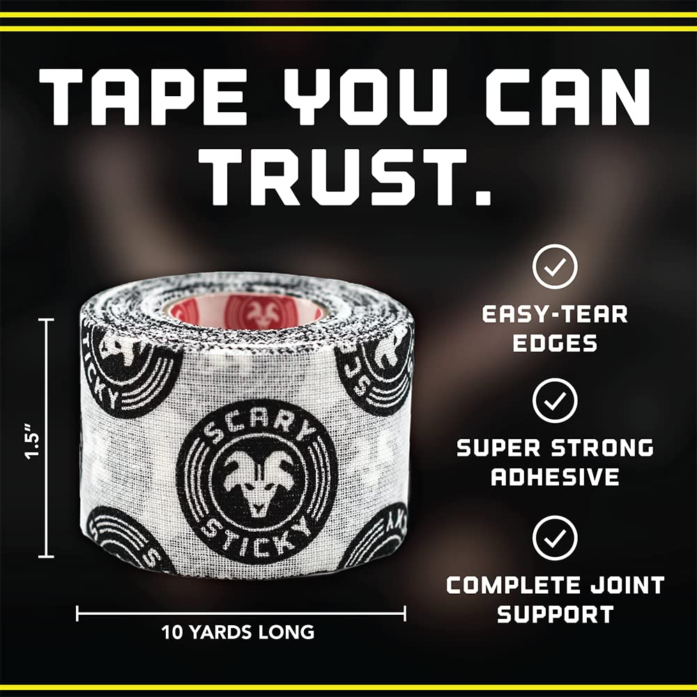 Scary Sticky Premium Athletic Tape, Ultra-Sticky Thumb, Finger & Wrist Tape for Weightlifting, Hook Grip & Cross Workout, Cotton, Latex-Free, 10 Yards, Black/Yellow, 2 Rolls