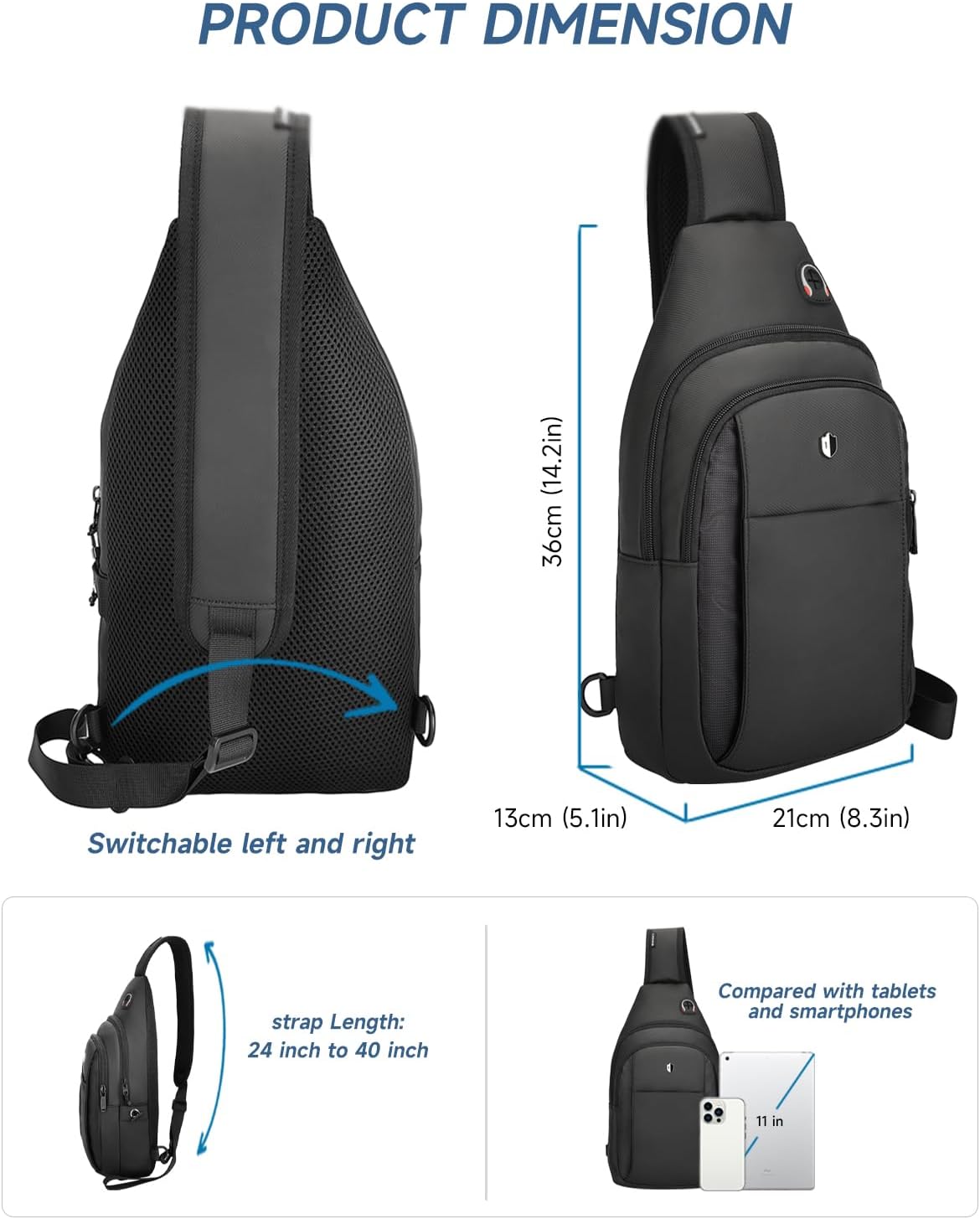 Skiennix Anti-Theft Sling Bag - Water Resistant Crossbody Backpack for Travel & Hiking | Fits iPad Mini & Switch 2 - Black, Medium, Lightweight Design with Built-in Audio Port