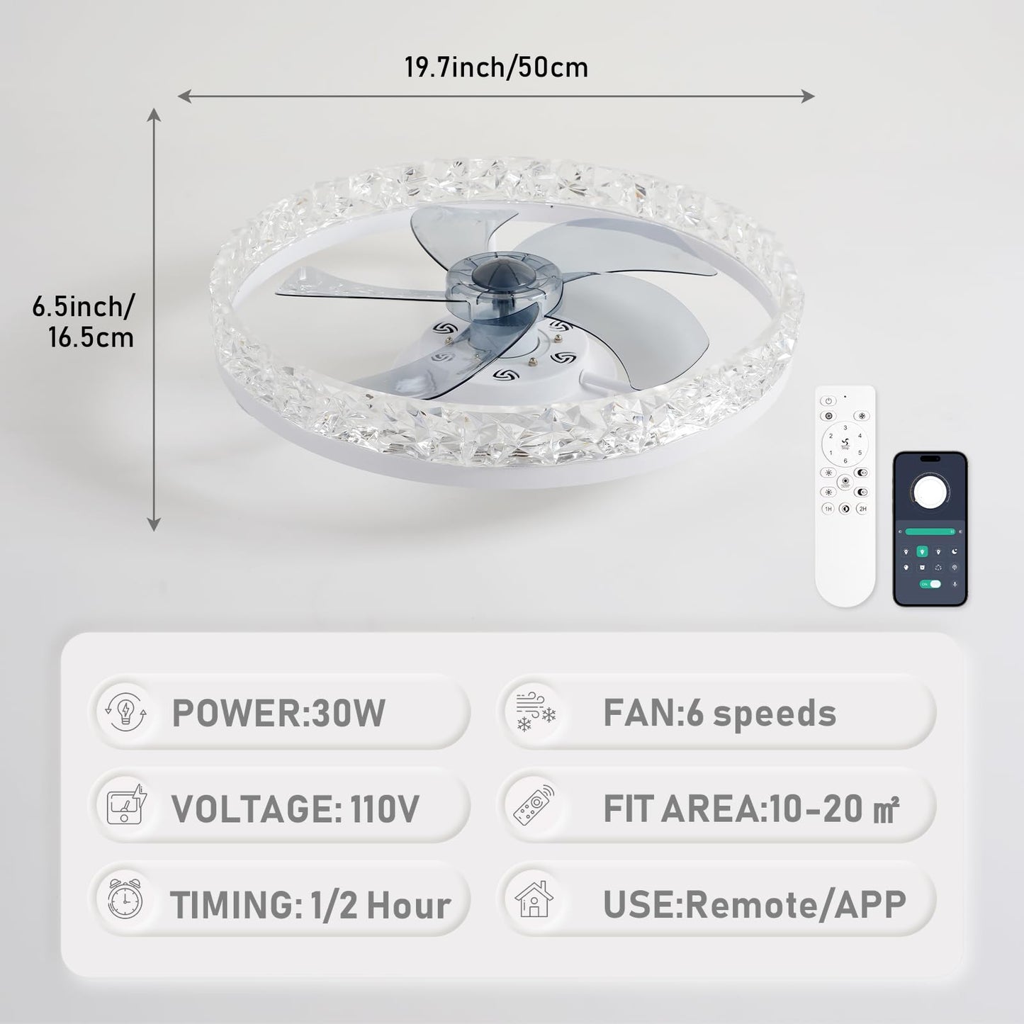 FRIXCHUR 19.7" Crystal Chandelier Fan Modern Flush Mount Ceiling Fan with Lights Dimmable Low Profile Ceiling Fans 6 Speeds 3 Color Fandeliers for Bedroom Living Room Kitchen (White)