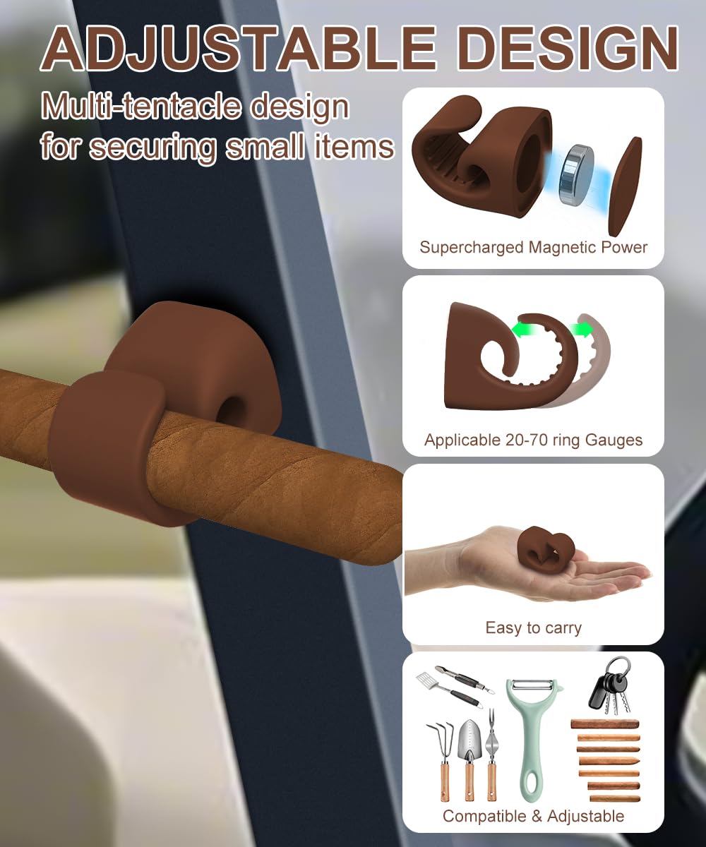 Magnetic Stogie Holder for Golf Cart,Universal Golf Cart Silicone Magnetic Holder Clip Mount Adjustable Fits 20 to 70 Ring Gauge Design, Attach to Metal & Stainless Steel Fits Golfing (Brown)