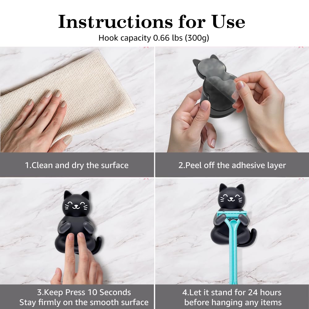 Mhfpl Cute Cat Waterproof Self-Adhesive Shower Hook Set, Funny Black Cat Razor Holder Bathroom Accessories for Men Women Cat Lover, Cat Lover Gifts for Women Men, Black Cat Bathroom Decor