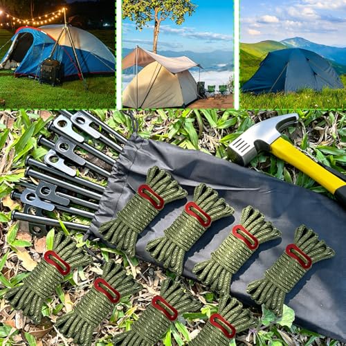 104ft Ultralight Tent Guy Lines with Tensioners - 8 Packs, Olive Green