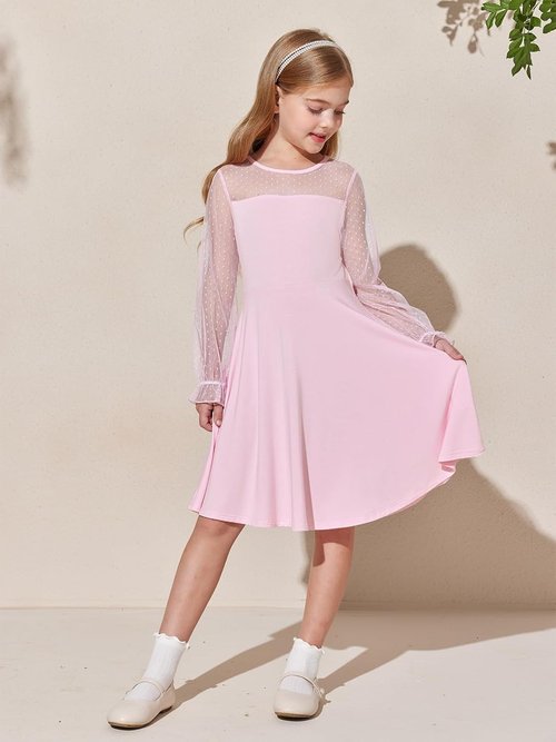 Haloumoning Girls A-Line Short Dress - Contrast Mesh, High Waist, Pockets | Sizes 4-14 Years