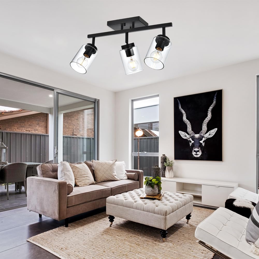 VINLUZ 3 Light Black Wall Sconces Bathroom Vanity Lighting Fixture with Clear Glass Shade Classic Spotlight Fixture with Rotatable Light Head Metal Ceiling Light Fixture