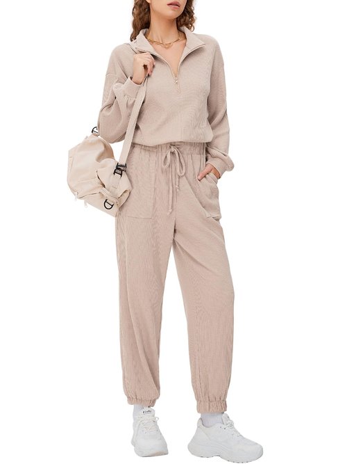 EXLURA Women's Fall 2 Piece Waffle Lounge Set Sweatsuit 2024 Travel Half Zip Sweatshirts Pants Jogging Tracksuit Outfits